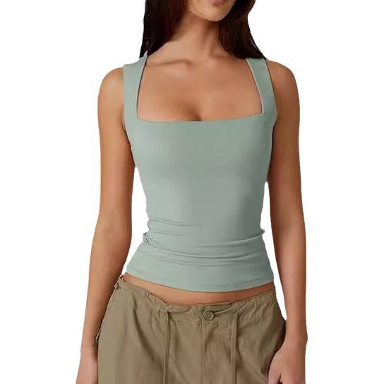 Wearing Women's Camisole Vest Inside, Spicy Girl Fashionable Summer Square Neck Top, Milk Silk