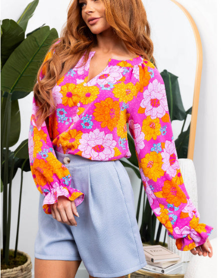 Rose Floral Print Flounce Sleeve Notched Neck Blouse
