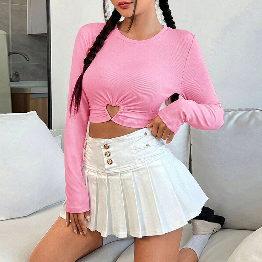 Women's Round Neck Slim-fit Short Heart And Circle Long Sleeve T-shirt