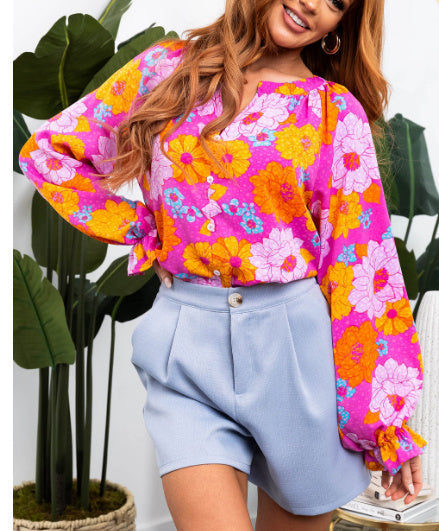 Rose Floral Print Flounce Sleeve Notched Neck Blouse