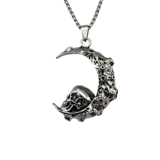 Big Stainless Steel 3D Moon Skull Pendant Biker Punk Neckalce For Man Jewelry Free Shipping