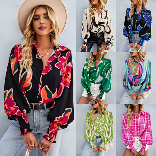 Hot Selling Long Sleeved Printed Lapel Lantern Sleeve Women's Shirt Spring And Autumn Top