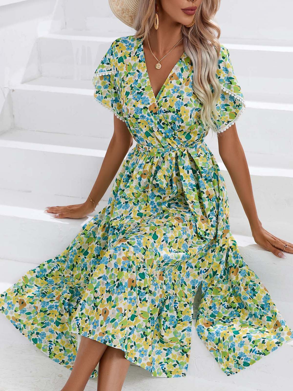 Women's Summer Floral Split V-neck Dress
