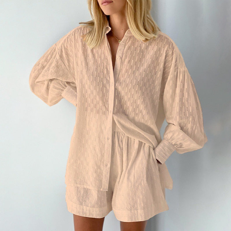 Women's Shirt Jacquard Bubble Sleeve Temperament Top Shorts Commuting Design Casual Suit