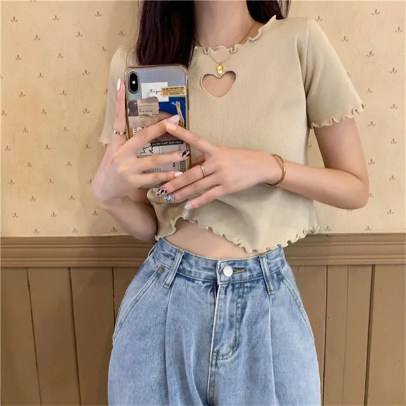 Short Hollow Out Love T-shirt With Wooden Ear Edge Top