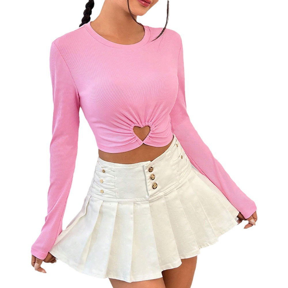 Women's Round Neck Slim-fit Short Heart And Circle Long Sleeve T-shirt