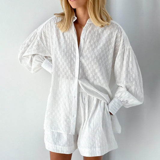Women's Shirt Jacquard Bubble Sleeve Temperament Top Shorts Commuting Design Casual Suit