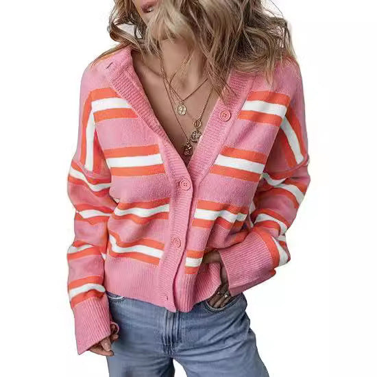 Striped Color Stitching Knitted Cardigan Women's Clothing