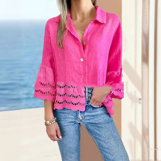 New Lace Bell Sleeve Hollow Pure Cotton Cotton Linen Shirt