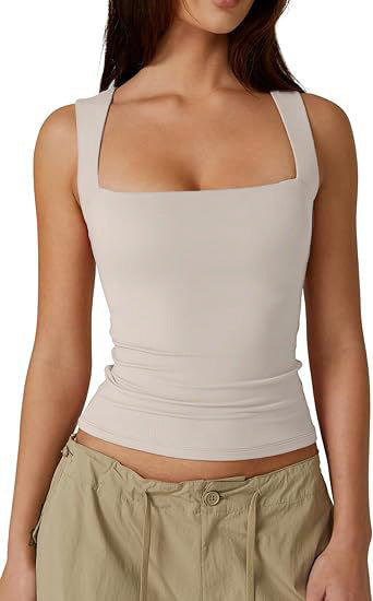 Wearing Women's Camisole Vest Inside, Spicy Girl Fashionable Summer Square Neck Top, Milk Silk
