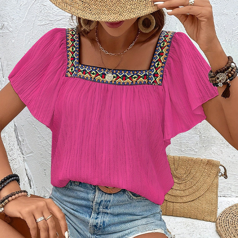 Square Collar Shirt Pullover Short Sleeve Backless Shirt