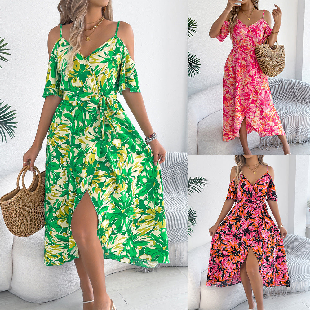 European And American Strapless Cross V-neck Flower Strap Holiday Dress