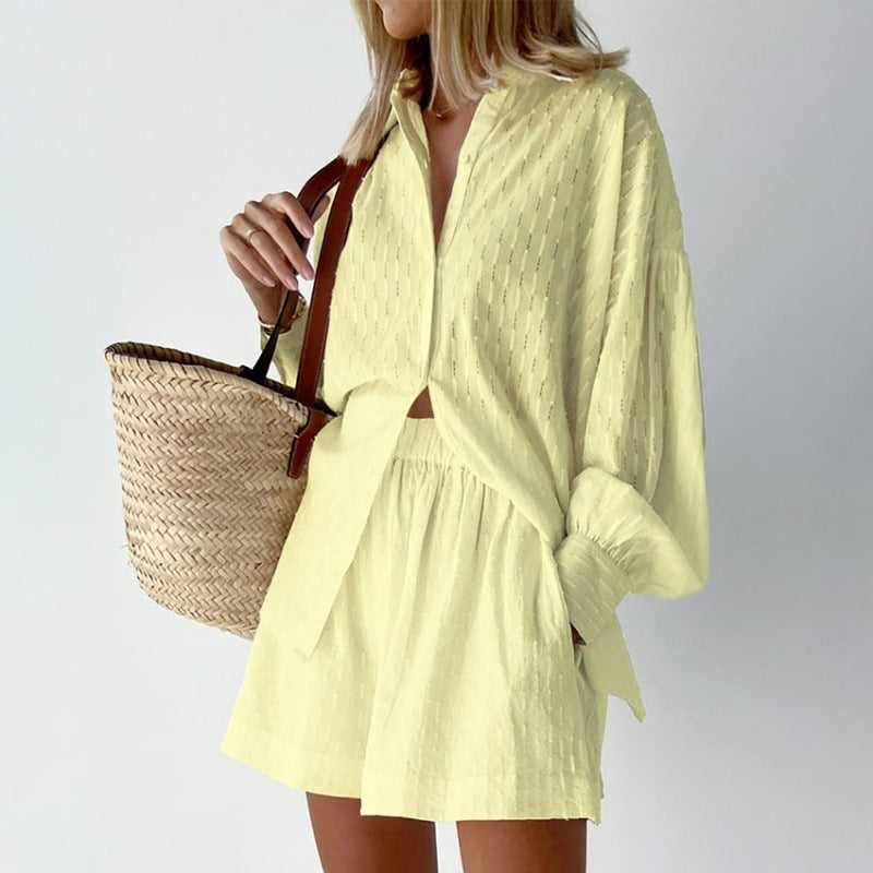 Women's Shirt Jacquard Bubble Sleeve Temperament Top Shorts Commuting Design Casual Suit