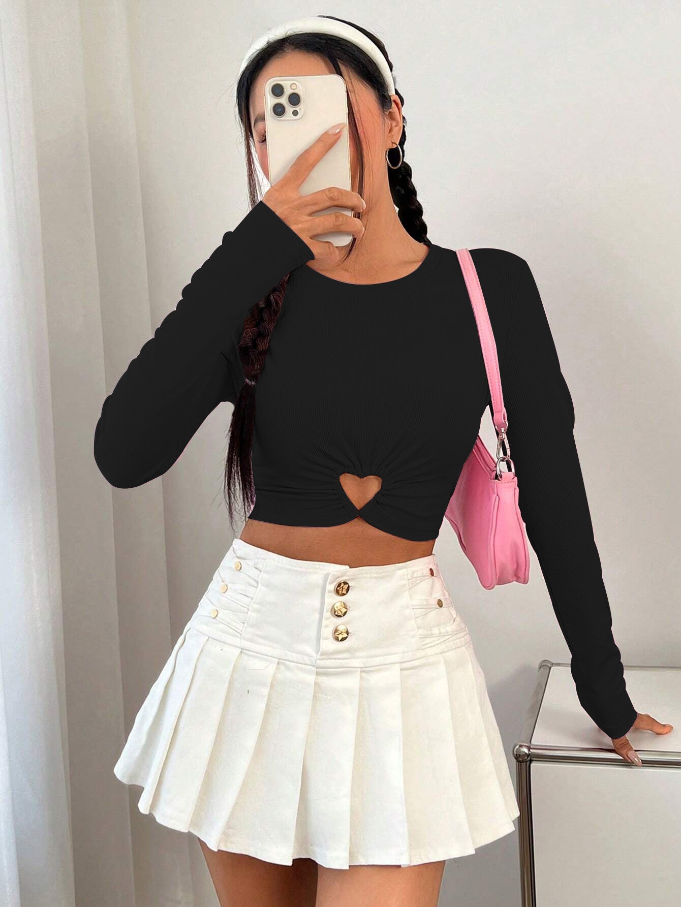 Women's Round Neck Slim-fit Short Heart And Circle Long Sleeve T-shirt