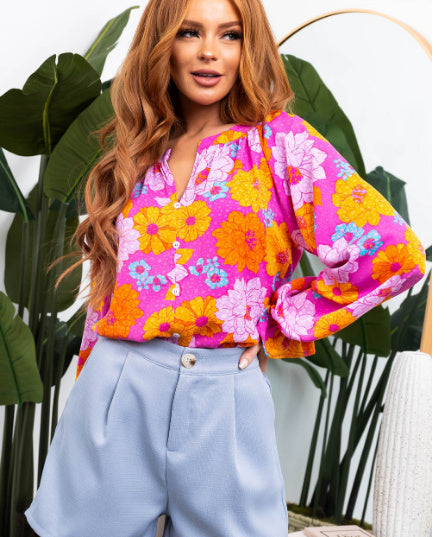 Rose Floral Print Flounce Sleeve Notched Neck Blouse