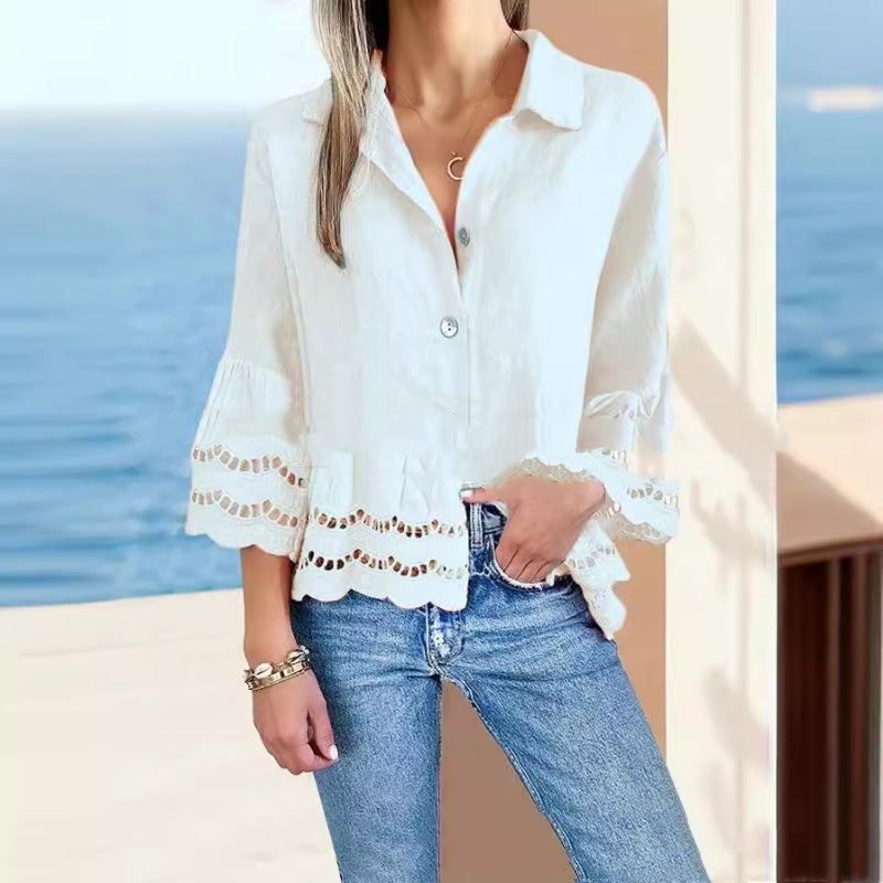 New Lace Bell Sleeve Hollow Pure Cotton Cotton Linen Shirt