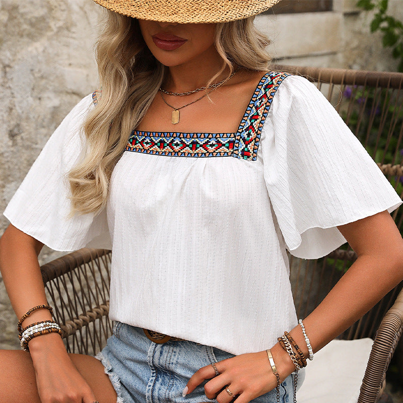 Square Collar Shirt Pullover Short Sleeve Backless Shirt