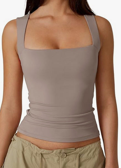 Wearing Women's Camisole Vest Inside, Spicy Girl Fashionable Summer Square Neck Top, Milk Silk