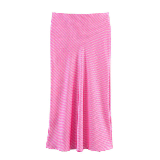 European And American Style Slim Stripe Silk Satin Texture Midi Dress