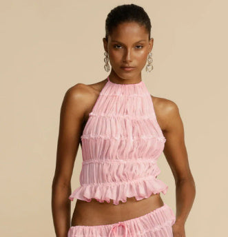 Backless Halter Lace-up Pleated Dress Lace Vest Suit