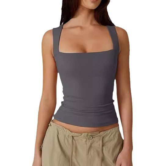 Wearing Women's Camisole Vest Inside, Spicy Girl Fashionable Summer Square Neck Top, Milk Silk