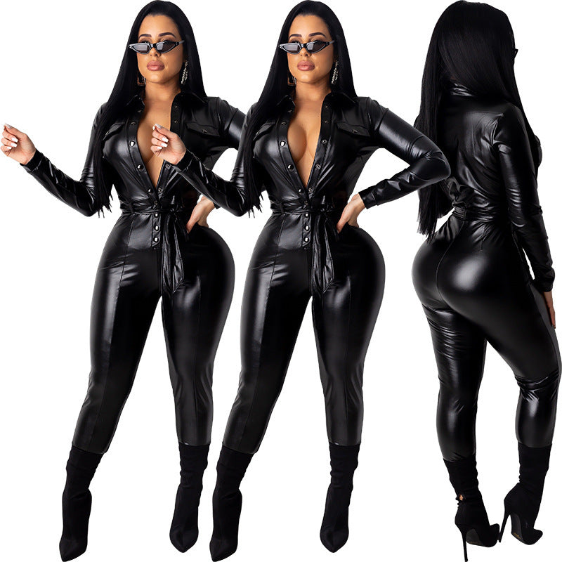 Slim Sexy PU Jumpsuit With Belt
