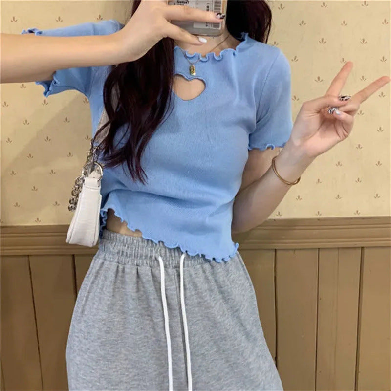 Short Hollow Out Love T-shirt With Wooden Ear Edge Top