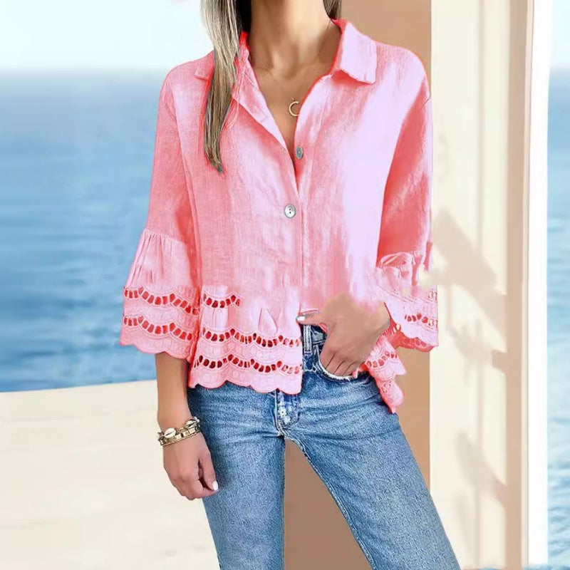 New Lace Bell Sleeve Hollow Pure Cotton Cotton Linen Shirt