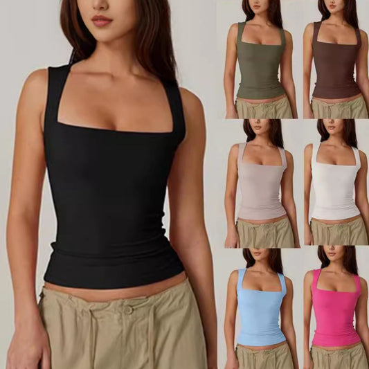Wearing Women's Camisole Vest Inside, Spicy Girl Fashionable Summer Square Neck Top, Milk Silk