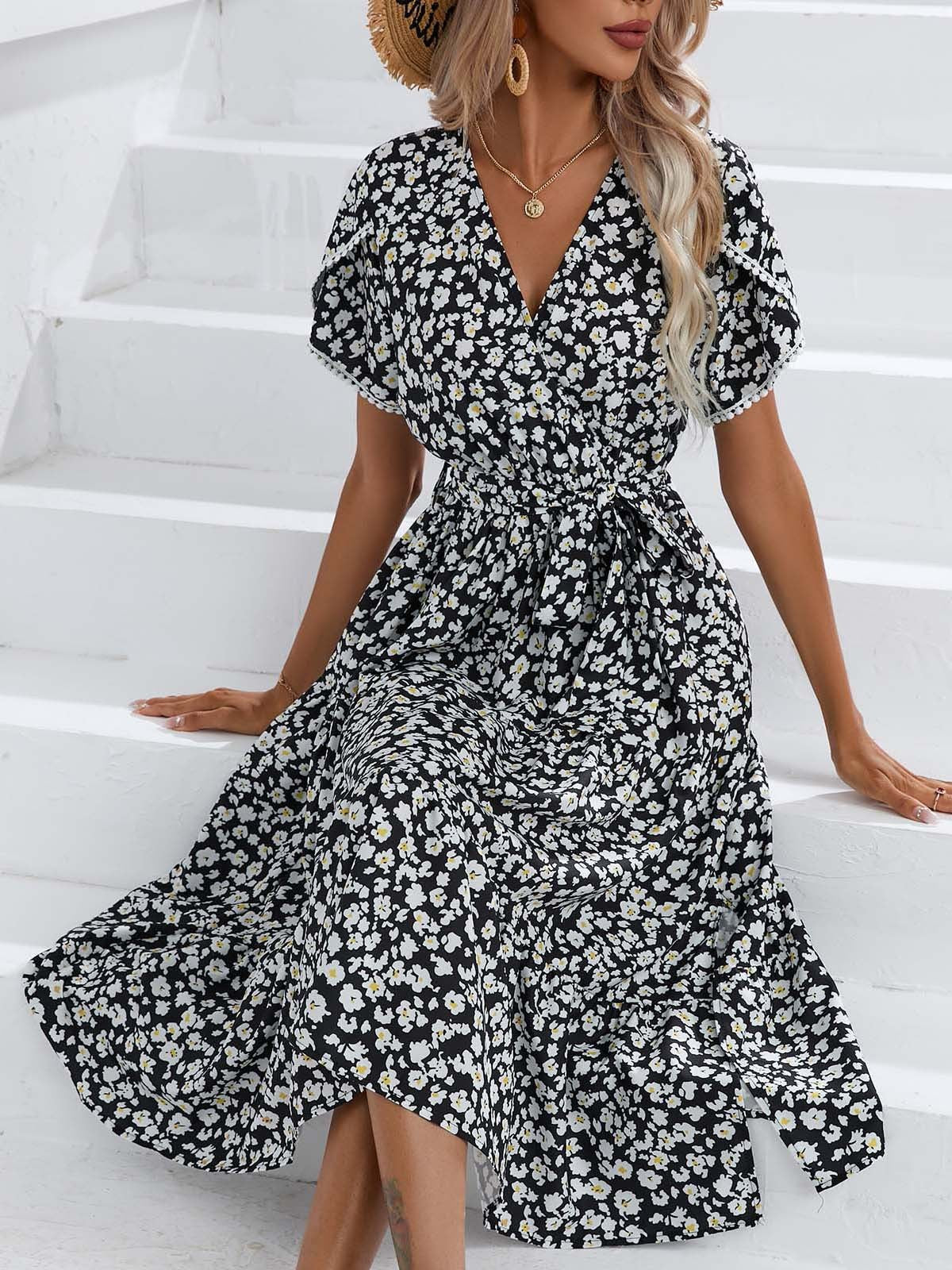 Women's Summer Floral Split V-neck Dress