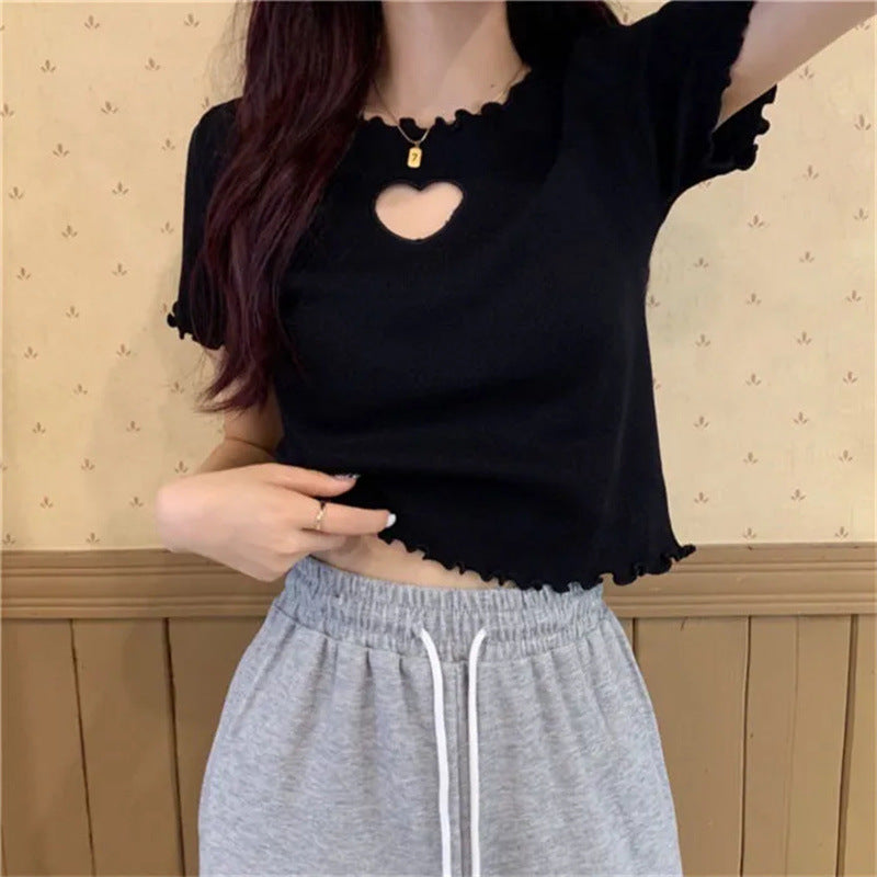 Short Hollow Out Love T-shirt With Wooden Ear Edge Top